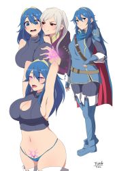 Rule 34 | 2girls, alternate breast size, arm up, armor, armpits, belt, blue eyes, blue hair, blue panties, boots, grabbing another&#039;s breast, breasts, cape, cleavage, cropped sweater, femdom, fingerless gloves, fire emblem, fire emblem awakening, fishi webcomics, gloves, glowing, glowing eyes, grabbing, grima (fire emblem), hairband, highres, hood, hypnosis, jacket, large breasts, long hair, lucina (fire emblem), mind break, mind control, multiple girls, navel, nintendo, panties, pubic tattoo, purple eyes, red eyes, robin (female) (fire emblem), robin (fire emblem), standing, strap, sweater, tattoo, thigh boots, thighhighs, tiara, underwear, white background, white hair, yuri