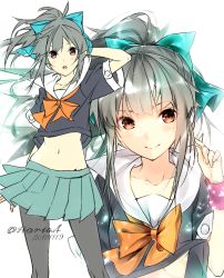 Rule 34 | 10s, 1girl, adjusting hair, artist name, black pantyhose, blush, contrapposto, cowboy shot, dated, green hair, green ribbon, green skirt, hario 4, kantai collection, light particles, looking at viewer, midriff, multiple views, navel, open mouth, orange eyes, pantyhose, pleated skirt, ponytail, projected inset, ribbon, school uniform, serafuku, short sleeves, simple background, skirt, smile, standing, twitter username, upper body, white background, wind, wristband, yuubari (kancolle)