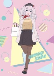 Rule 34 | bad id, bad twitter id, bag, black hat, black pantyhose, character name, coat, full body, hat, holding, holding bag, kantai collection, kashima (kancolle), mitsukoshi (department store), neckerchief, ojipon, pantyhose, red neckerchief, shirt tucked in, silver hair, sketch, skirt, solo, standing, wavy hair