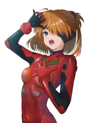 Rule 34 | 1girl, absurdres, alternate hair length, alternate hairstyle, blindfold, unworn blindfold, blue eyes, bodysuit, breasts, brown hair, evangelion: 3.0+1.0 thrice upon a time, hair between eyes, hand on own chest, head tilt, headgear, highres, looking at viewer, medium breasts, medium hair, neon genesis evangelion, open mouth, plugsuit, rebuild of evangelion, red bodysuit, sasasa r 23, simple background, solo, souryuu asuka langley, white background