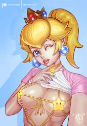 Rule 34 | 1girl, absurdres, artist name, bikini, blonde hair, blue eyes, breasts, cleavage, clothes lift, highres, large breasts, lifting own clothes, looking at viewer, mario (series), mrcorvushugin, nintendo, one eye closed, parted lips, pink lips, ponytail, princess, princess peach, shirt lift, smile, super star (mario), swimsuit, wink