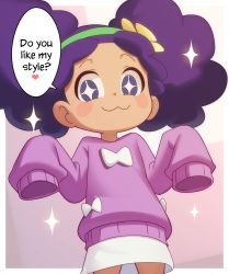 Rule 34 | + +, 1girl, :3, big hair, blush stickers, border, bow, closed mouth, commentary request, cowboy shot, creatures (company), english text, flower, game freak, gazing eye, green hairband, hair flower, hair ornament, hairband, heart, highres, looking at viewer, nintendo, outside border, pokemon, pokemon (anime), poketoon, purple eyes, purple hair, purple sweater, skirt, sleeves past fingers, sleeves past wrists, smile, solo, sparkle, sparkling eyes, speech bubble, sweater, vashti (pokemon), white border, white bow, white skirt, yellow flower