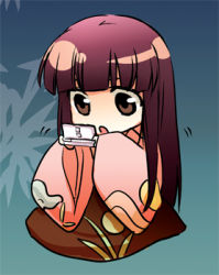 Rule 34 | 1girl, :o, chibi, female focus, handheld game console, houraisan kaguya, irua, lowres, nintendo ds, playing games, solo, touhou, video game, wide sleeves
