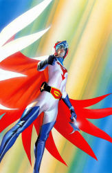 Rule 34 | 1970s (style), 1boy, alex ross, antennae, belt, blade, bodysuit, boots, cape, gatchaman, gloves, helmet, highres, holster, insignia, ken the eagle, looking at viewer, male focus, official style, oldschool, pointing, pointing at viewer, realistic, retro artstyle, scan, solo, traditional media, visor, watch