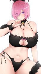 Rule 34 | 1girl, absurdres, animal ears, arind yudha, bare shoulders, bell, black choker, black panties, blush, breasts, cat ears, cat lingerie, choker, cleavage, closed mouth, collarbone, eyes visible through hair, fate/grand order, fate (series), hair over one eye, hand up, highres, large breasts, looking at viewer, mash kyrielight, meme attire, navel, neck bell, panties, pink hair, purple eyes, short hair, side-tie panties, simple background, solo, stomach, thigh strap, underwear, white background