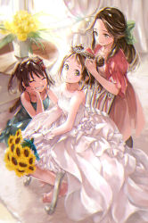 Rule 34 | 3girls, alternate costume, bare shoulders, barefoot, bouquet, bow, bride, brown eyes, brown hair, chair, commentary request, curtains, double bun, dress, elbow gloves, closed eyes, flower, gloves, grin, hair bow, hair intakes, hair ornament, hair ribbon, highres, holding, holding bouquet, indoors, jintsuu (kancolle), kantai collection, long hair, multiple girls, naka (kancolle), orange mikan, parted lips, ponytail, ribbon, sendai (kancolle), short hair, sitting, sleeveless, smile, strapless, strapless dress, sunflower, tiara, wedding dress, white dress, white gloves