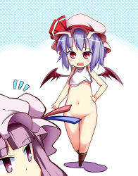 Rule 34 | 2girls, ^^^, bat wings, bib, blue eyes, blush, censored, chibi, convenient censoring, female focus, groin, hand on own hip, hat, multiple girls, navel, nude, open mouth, patchouli knowledge, purple eyes, purple hair, red eyes, remilia scarlet, rioshi, short hair, standing, touhou, wings