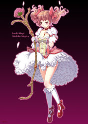 Rule 34 | 10s, 1girl, bad anatomy, blush, bow, bow (weapon), breasts, bubble skirt, choker, cleavage, detached sleeves, frilled socks, frills, full body, gloves, gradient background, hair bow, highres, kaname madoka, kneehighs, large breasts, long hair, magical girl, mahou shoujo madoka magica, mahou shoujo madoka magica (anime), number10 (hagakure), petals, pink eyes, pink hair, red footwear, ribbon, shoes, skirt, socks, solo, sweat, thigh gap, twintails, weapon, white gloves, white socks