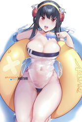 Rule 34 | 1girl, black hair, breasts, covered navel, flower, gris swimsuit, hair flower, hair ornament, hairband, highres, hot vr, innertube, large breasts, long hair, looking at viewer, meme attire, open mouth, partially submerged, pixiv username, red eyes, see-through, solo, spy x family, swim ring, thighs, water, yellow hairband, yor briar