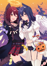 Rule 34 | 2girls, ;d, absurdres, alternate costume, angel wings, animal ear fluff, animal ears, arknights, bat (animal), belt, belt buckle, black choker, black coat, black flower, black gloves, black hair, black legwear, black shirt, black shorts, blush, breasts, buckle, candy, castle, chiwa (chiwawanwan1206), choker, coat, collarbone, corset, cowboy shot, cross, detached wings, dress, eating, energy wings, exusiai (arknights), feathered wings, fingerless gloves, flower, food, fur-trimmed coat, fur trim, garter straps, gloves, halloween bucket, halo, highres, holding, holding food, hood, hood up, hooded coat, juliet sleeves, lily (flower), long hair, long sleeves, looking at viewer, multiple girls, navel, one eye closed, open clothes, open coat, open mouth, orange background, orange eyes, outstretched arm, plaid, plaid skirt, puffy sleeves, purple background, red hair, red skirt, revision, shirt, short hair, short shorts, shorts, skirt, small breasts, smile, star (symbol), tail, texas (arknights), thighhighs, two-tone background, white dress, white legwear, white wings, wings, wolf ears, wolf girl, wolf tail