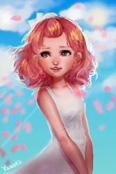 Rule 34 | 1girl, absurdres, artist name, blue sky, breasts, brown eyes, closed mouth, cloud, commentary, day, dress, english commentary, eyelashes, hair ribbon, highres, huge filesize, lips, looking to the side, original, pink hair, pink lips, pink petals, ribbon, short hair, sky, sleeveless, sleeveless dress, small breasts, solo, sunlight, v arms, white dress, white ribbon, yanting sun
