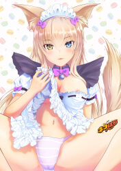 Rule 34 | 1girl, :3, absurdres, animal ear fluff, animal ears, areola slip, arm at side, bell, blue eyes, blush, bow, bowtie, breasts, cameltoe, cat ears, cat tail, coconut (nekopara), commentary request, copyright name, curvy, dark-skinned female, dark skin, dress, eyelashes, eyes visible through hair, frilled dress, frills, hair between eyes, hair bow, hand up, hetero, highres, jingle bell, large breasts, lifted by self, lips, looking at viewer, maid, maid headdress, navel, neck bell, nekopara, no bra, panties, parted lips, polka dot, polka dot background, presenting, puffy short sleeves, puffy sleeves, purple bow, purple bowtie, purple panties, raiz art works, short dress, short sleeves, sidelocks, simple background, sitting, sleeve bow, slit pupils, smile, solo, spread legs, star (symbol), tail, tail raised, thighs, underboob, underwear, waitress, white dress, yellow eyes