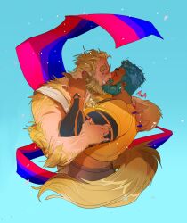 Rule 34 | 2boys, arm tattoo, bara, beard, bisexual flag, bisexual male, blonde hair, blue hair, body fur, commission, couple, cropped shirt, cropped torso, dark-skinned male, dark skin, facial hair, fingernails, flag background, freckles, from side, full beard, hairy, hand hair, highres, huge eyebrows, husband and husband, interracial, jewelry, kiss, knuckle hair, lgbt pride, male focus, mature male, monster boy, multiple boys, multiple rings, muscular, muscular male, original, pejnt (pejntboks), pointy ears, prehensile tail, profile, ring, second-party source, sharp fingernails, short hair, tail, tail around another&#039;s leg, tank top, tattoo, thick arm hair, thick back hair, thick beard, thick chest hair, thick eyebrows, tusks, very hairy, white tank top, yaoi