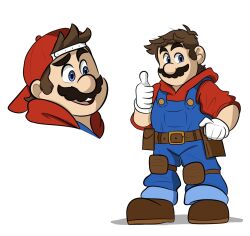 Rule 34 | 1boy, belt, brown hair, facial hair, full body, gloves, hand on own hip, hat, highres, hood, hood down, looking at viewer, male focus, mario, mario (series), mustache, nintendo, open mouth, overalls, standing, thumbs up