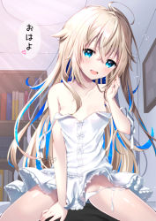Rule 34 | :d, ahoge, areola slip, bare arms, bare shoulders, blonde hair, blue eyes, blue hair, blush, book, bookshelf, breasts, collarbone, commentary request, dress, frilled dress, frills, groin, hair between eyes, hand up, head tilt, indie virtual youtuber, indoors, long hair, looking at viewer, multicolored hair, open mouth, panties, side-tie panties, small breasts, smile, solo, straddling, strap slip, translated, two-tone hair, uchuuneko, uchuuneko (vtuber), underwear, untied panties, very long hair, virtual youtuber, white dress, white panties