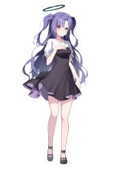 Rule 34 | 1girl, absurdres, alternate costume, bare legs, black dress, black footwear, blue archive, breasts, casual, closed mouth, dress, frown, full body, halo, hand on own chest, highres, long hair, looking at viewer, mary janes, medium breasts, parted bangs, purple eyes, purple hair, shirt, shoes, short sleeves, solo, standing, two side up, ugwa, very long hair, wavy hair, white shirt, yuuka (blue archive)