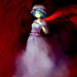 Rule 34 | 1girl, bad id, bad pixiv id, bat (animal), blue hair, chirigami-san, dress, female focus, hand on own chest, hat, light smile, looking afar, red eyes, red theme, remilia scarlet, short hair, solo, touhou, wings