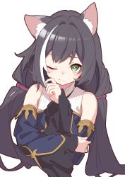 Rule 34 | 1girl, animal ear fluff, animal ears, bare shoulders, black hair, blush, cat ears, closed mouth, cropped torso, detached sleeves, green eyes, highres, karyl (princess connect!), long hair, looking at viewer, low twintails, mikokomiyazawa, multicolored hair, one eye closed, princess connect!, shirt, simple background, sleeveless, sleeveless shirt, solo, streaked hair, twintails, upper body, white background