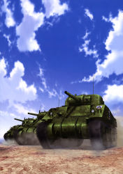 Rule 34 | 10s, absurdres, artist request, caterpillar tracks, cloud, day, emblem, girls und panzer, highres, m4 sherman, military, military vehicle, motor vehicle, no humans, official art, saunders (emblem), sky, tank, vehicle focus