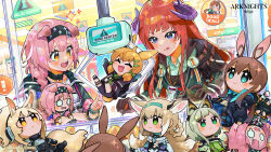 Rule 34 | 2girls, :d, :q, amiya (arknights), animal ear fluff, animal ears, aqua eyes, arknights, bagpipe (arknights), black hairband, blonde hair, blue hairband, blunt bangs, blush, bracelet, braid, brown hair, cat ears, cat girl, character doll, closed eyes, closed mouth, commentary, copyright name, crane game, demon girl, demon horns, earpiece, english commentary, fox ears, fox girl, frown, goldenglow (arknights), green eyes, green hair, hairband, highres, horns, horse ears, horse girl, infection monitor (arknights), jewelry, kal&#039;tsit (arknights), kitsune, kroos (arknights), kyuubi, long hair, low-tied sidelocks, multiple girls, multiple tails, nearl (arknights), official art, open mouth, pink hair, ponytail, purple eyes, rabbit ears, rabbit girl, red hair, second-party source, short hair, side braid, sidelocks, smile, stuffed toy, suzuran (arknights), tail, tongue, tongue out, twin braids, wavy mouth, yellow eyes, yooki (winter cakes)