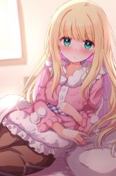 Rule 34 | 1girl, baram, blonde hair, blush, brown pants, commentary request, day, green eyes, highres, indoors, jacket, long hair, long sleeves, looking at viewer, mononobe alice, mononobe alice (6th costume), multicolored hair, nijisanji, on bed, pants, parted lips, pillow, pink hair, pink jacket, solo, sunlight, two-tone hair, very long hair, virtual youtuber, window