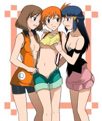 Rule 34 | 3girls, :d, ;d, alternate costume, bare shoulders, bike shorts, black dress, blue eyes, blue hair, blush, breasts, brown hair, cleavage, collarbone, collared shirt, creatures (company), dawn (pokemon), dress, eye contact, female focus, fff threesome, friends, game freak, girl sandwich, grabbing, grabbing another&#039;s breast, grin, groping, group sex, gym leader, hand under clothes, happy, highres, latex, long hair, looking at another, may (pokemon), may (pokemon emerald), medium breasts, misty (pokemon), multigrope, multiple girls, naughty face, navel, nintendo, no bra, no headwear, off shoulder, one eye closed, open clothes, open mouth, open shirt, orange hair, orange shirt, parted lips, pink skirt, pokemon, pokemon (anime), pokemon dppt, pokemon rgby, pokemon rse, sandwiched, shirt, short hair, shorts, skirt, smile, standing, strap slip, suspenders, takaya n, threesome, underboob, undressing, unzipped, wink, yuri