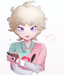 Rule 34 | 1boy, ahoge, bede (pokemon), blonde hair, collared shirt, creatures (company), curly hair, eyelashes, flying sweatdrops, game freak, gloves, gvzzgl, looking at viewer, male focus, nintendo, open mouth, partially fingerless gloves, pink shirt, pokemon, pokemon swsh, purple eyes, shirt, short hair, short sleeves, simple background, solo, teeth, tongue, translation request, undershirt, upper body, upper teeth only, white background, wristband