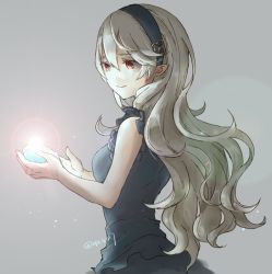 Rule 34 | 1girl, black hairband, closed mouth, corrin (female) (fire emblem), corrin (fire emblem), fire emblem, fire emblem fates, from side, grey background, hairband, long hair, nintendo, pointy ears, red eyes, robaco, simple background, sleeveless, smile, solo, stone, twitter username, upper body, white hair