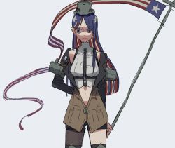 Rule 34 | 1girl, american flag, birdry, black gloves, black necktie, black shorts, black thighhighs, breasts, closed mouth, flag, gloves, grey background, headgear, jacket, kantai collection, medium breasts, multicolored hair, navel, necktie, shorts, simple background, single thighhigh, solo, south dakota (kancolle), star (symbol), thighhighs