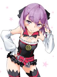Rule 34 | 1girl, bare shoulders, blush, detached sleeves, fate/grand order, fate (series), flat chest, hand on own hip, helena blavatsky (fate), highres, leaning forward, looking at viewer, panties, pantyshot, purple eyes, purple hair, sefirot, short hair, solo, star (symbol), strapless, tachi (mtd), underwear, white background