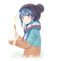 Rule 34 | 1girl, beanie, blue hair, bowl, coat, commentary request, from side, hat, holding, holding spoon, long sleeves, looking at viewer, looking to the side, poco (asahi age), purple eyes, scarf, shima rin, simple background, solo, sparkle, spoon, upper body, white background, winter clothes, winter coat, yurucamp