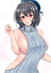 Rule 34 | 10s, 1girl, bare back, bare shoulders, beret, blue hat, blue sweater, blush, breasts, hair between eyes, hat, highres, kantai collection, large breasts, looking at viewer, meme attire, open mouth, red eyes, revealing clothes, ribbed sweater, sankakusui, short hair, sideboob, simple background, solo, sweater, takao (kancolle), turtleneck, turtleneck sweater, upper body, virgin killer sweater, white background