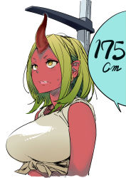 Rule 34 | 1girl, absurdres, bare shoulders, blonde hair, breasts, colored skin, highres, horns, original, pointy ears, red skin, simple background, single horn, slit pupils, solo, twinpoo, white background, yellow eyes