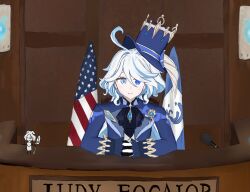 Rule 34 | 1girl, american flag, black gloves, blue eyes, blue shirt, bow, bowtie, center frills, courtroom, flag, frills, furina (genshin impact), genshin impact, gloves, hat, heterochromia, highres, judge judy, lamp, microphone, non-web source, on chair, seelie (genshin impact), self-upload, shirt, solo focus, top hat, tuxedo, white gloves, white hair, xiao (genshin impact), zyrobot