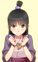 Rule 34 | 1girl, maya fey, bad id, bad pixiv id, black hair, bracelet, frown, green eyes, ace attorney, japanese clothes, jewelry, kat (bu-kunn), long hair, magatama, solo, topknot, upper body, yellow background