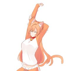 Rule 34 | 1girl, animal ears, arm up, bell, breasts, cat ears, cat girl, cat tail, closed eyes, collar, commentary, jingle bell, large breasts, long hair, midriff, neck bell, orange hair, original, pants, red collar, solo, stretching, tail, track pants, trembling, udon-udon, upper body