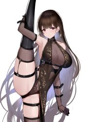 Rule 34 | 1girl, an yasuri, armpits, bare shoulders, black dress, black gloves, black thighhighs, blush, breasts, brown hair, chinese clothes, dress, elbow gloves, gloves, highleg, highres, large breasts, leg lift, leg up, long hair, looking at viewer, original, pelvic curtain, purple eyes, simple background, skindentation, split, standing, standing on one leg, standing split, thighhighs, thighs, white background
