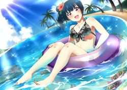 Rule 34 | 1girl, absurdres, afloat, alternate hairstyle, barefoot, beach, bikini, black bikini, black nails, blue hair, blush, breasts, cleavage, cloud, clownfish, commentary request, coral, day, fish, floral print, flower, front-tie bikini top, front-tie top, hair bun, hair flower, hair ornament, halterneck, highres, innertube, looking at viewer, love live!, love live! school idol festival, love live! sunshine!!, medium breasts, nail polish, outdoors, palm tree, print bikini, red flower, sand, side bun, side ponytail, single side bun, solo, sparkle, swim ring, swimsuit, toenail polish, toenails, tree, tropical fish, tsushima yoshiko, vorupi, water