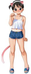 Rule 34 | 1girl, animal ears, bare shoulders, blush, brown eyes, brown hair, cat ears, cat tail, child, closed mouth, collarbone, denim, denim shorts, fake animal ears, female focus, fingernails, full body, heart, highres, ichigo mashimaro, itou chika, looking at viewer, midriff, navel, one-piece tan, paw pose, ponytail, shiny skin, shoes, short hair, shorts, simple background, singlet, slippers, smile, solo, tail, tan, tanline, toenails, toes, white background