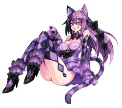 Rule 34 | 1girl, animal ears, animal hands, bare shoulders, bell, blush, bow, breasts, bridal gauntlets, cat ears, cat paws, cat tail, checkered clothes, checkered legwear, cheshire cat (alice in wonderland), cheshire cat (monster girl encyclopedia), cleavage, fur, grin, hair bow, high heels, kenkou cross, looking at viewer, medium breasts, monster girl, monster girl encyclopedia, monster girl encyclopedia ii, multicolored hair, official art, personification, purple hair, purple theme, simple background, smile, solo, striped, striped tail, tail, thighhighs, troll face, two-tone hair, white background, yellow eyes