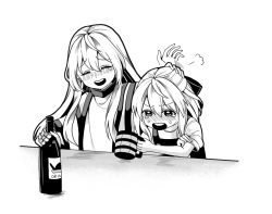 Rule 34 | 2girls, alcohol, bad id, bad pixiv id, blush, bottle, crying, crying with eyes open, cup, closed eyes, greyscale, holding, holding cup, kirisame marisa, long hair, matara okina, monochrome, multiple girls, no headwear, headpat, sameya, simple background, sitting, tabard, tears, touhou, upper body, white background