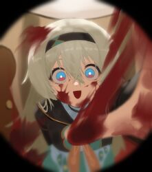 Rule 34 | 1girl, :d, aqua skirt, black hairband, black jacket, blood, blood on face, blood stain, blue eyes, bright pupils, cropped jacket, firefly (honkai: star rail), flasso, grey hair, hair between eyes, hair intakes, hairband, highres, honkai: star rail, honkai (series), jacket, long hair, looking at viewer, neckerchief, open mouth, orange neckerchief, pov peephole, sidelocks, skirt, smile, solo, two-tone eyes, upper body, white pupils, wide-eyed, yandere