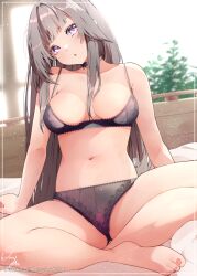 Rule 34 | 1girl, barefoot, blunt bangs, border, bra, breasts, brown hair, commentary, dutch angle, english commentary, herta (honkai: star rail), highres, honkai: star rail, honkai (series), indian style, indoors, lace, lace-trimmed bra, lace-trimmed panties, lace trim, large breasts, long hair, nail polish, navel, ozzyart 0221, panties, pointy ears, purple bra, purple eyes, purple panties, signature, sitting, solo, twitter username, underwear, underwear only, white border