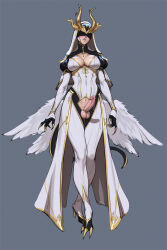 Rule 34 | 1girl, angel wings, blindfold, breasts, claws, cleavage cutout, clothing cutout, cock ring, commentary, covered erect nipples, covered navel, crotch cutout, english commentary, facing viewer, full body, futanari, grey background, habit, high heels, highres, jewelry, juliet sleeves, large breasts, long sleeves, low wings, multiple wings, necklace, original, parted lips, penis, precum, puffy sleeves, sex toy, simple background, solo, tail, tarakanovich, testicles, uncensored, wings
