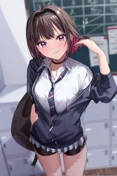 Rule 34 | 1girl, adjusting hair, bag, bike shorts, black choker, black hairband, blue jacket, blush, breasts, brown hair, chigusa minori, choker, collared shirt, commentary request, corrupted twitter file, cowboy shot, grey skirt, hairband, hand in own hair, highres, jacket, long sleeves, looking at viewer, medium breasts, miniskirt, multicolored hair, necktie, open clothes, open collar, open jacket, pink hair, plaid, plaid skirt, pleated skirt, purple eyes, school, school uniform, shino to ren, shirayuki ren, shirt, shoebox, skirt, smile, solo, thighs, track jacket, translation request