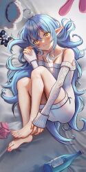 Rule 34 | 1girl, absurdres, ahoge, bare legs, barefoot, bed sheet, blue hair, bottle, breasts, closed mouth, collarbone, commentary, dress, english commentary, feet, from above, full body, grey dress, hair between eyes, hand on own foot, hand up, heart, heart ahoge, highres, hololive, jedd (jeddisorange), knees up, legs, legs together, long hair, lying, mixed-language commentary, nail polish, official alternate costume, on side, pink nails, pointy ears, shadow, short dress, sidelocks, sleeves past wrists, small breasts, solo, strap slip, stuffed animal, stuffed toy, toenail polish, toenails, toes, virtual youtuber, yellow eyes, yukihana lamy