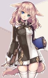 Rule 34 | 10s, 1girl, animal ears, belt, blue eyes, book, brown hair, final fantasy, final fantasy xiv, green eyes, head tilt, heterochromia, holding, long hair, looking at viewer, miqo&#039;te, riffey, smile, solo, tail, thighhighs, warrior of light (ff14), white thighhighs