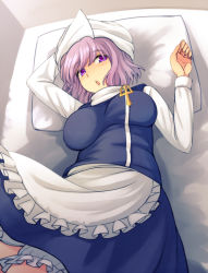 Rule 34 | 1girl, apron, blue dress, blue vest, breasts, dress, large breasts, letty whiterock, light purple hair, long sleeves, looking at viewer, lying, on bed, open mouth, pillow, purple eyes, touhou, turtleneck, urin, vest, waist apron, wavy hair