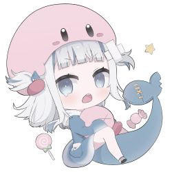 Rule 34 | 1girl, biting, blue dress, blue eyes, blue hair, blunt bangs, candy, chibi, commentary, dress, fins, fish tail, food, gawr gura, hair ornament, head biting, highres, hocmiya, hololive, hololive english, hood, hood down, hugging object, kirby, long hair, looking at viewer, open mouth, shark girl, shark hair ornament, shark tail, sharp teeth, simple background, sleeves past fingers, sleeves past wrists, star (symbol), symbol-only commentary, tail, teardrop, teeth, v-shaped eyebrows, virtual youtuber, white background, white hair