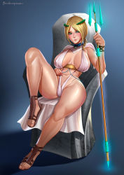 Rule 34 | 1girl, badcompzero, blonde hair, braid, breasts, curvy, full body, green eyes, highres, large breasts, leg lift, legs, lips, looking at viewer, navel, polearm, revealing clothes, sandals, shiny skin, short hair, sitting, smile, solo, thick thighs, thighs, toes, trident, weapon, wide hips